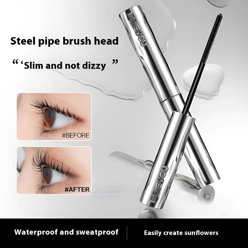 Waterproof steel tube mascara with black and brown colour options and eyelash curler