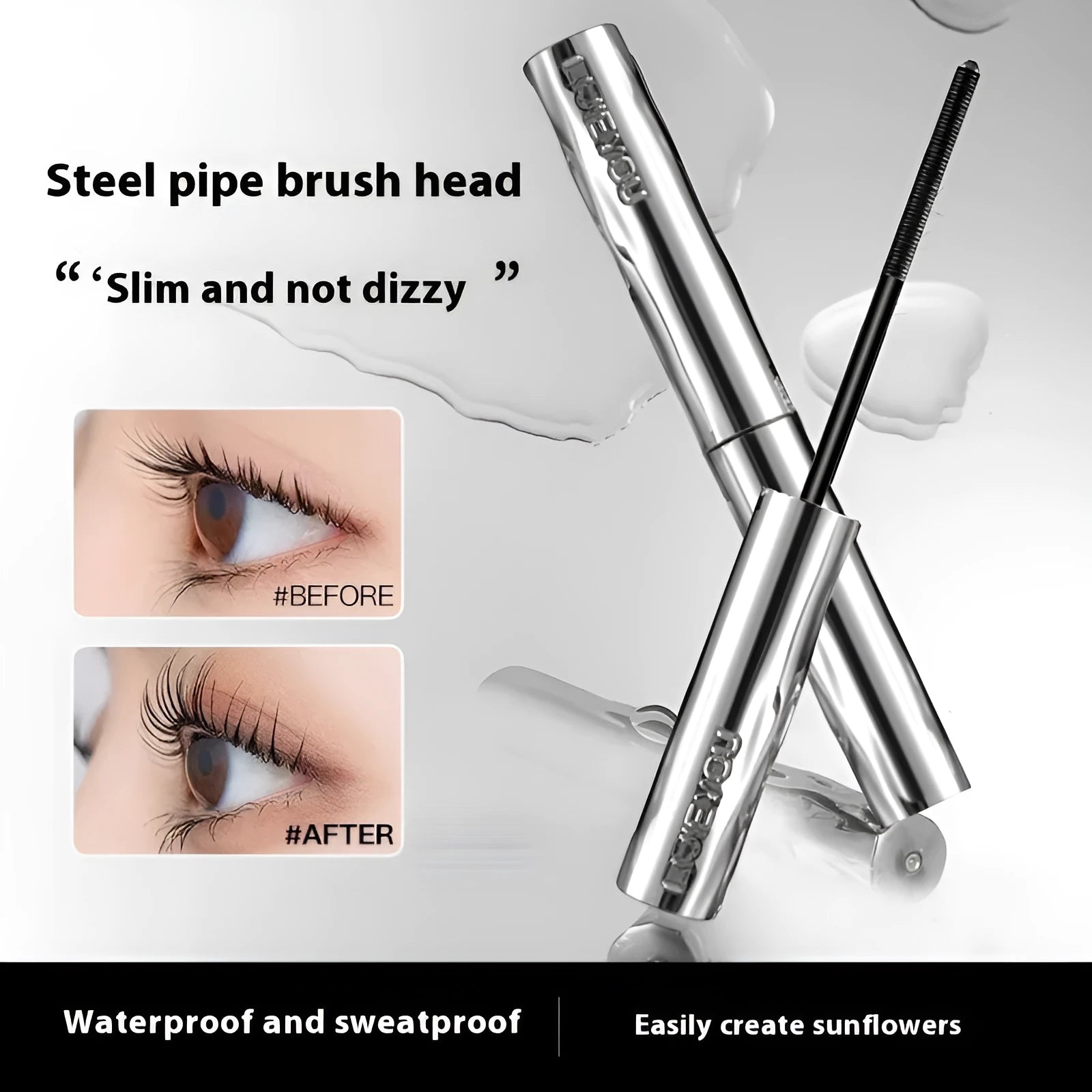 Waterproof steel tube mascara with black and brown colour options and eyelash curler