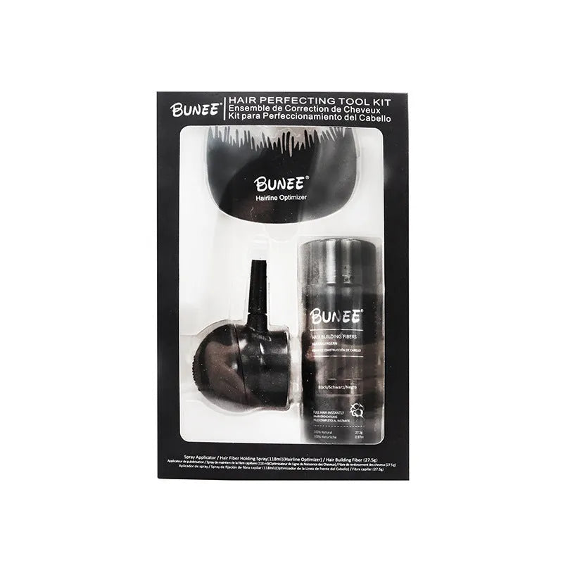 Boxed three-piece hair fibre powder set with spray applicator and comb for thinning hair.