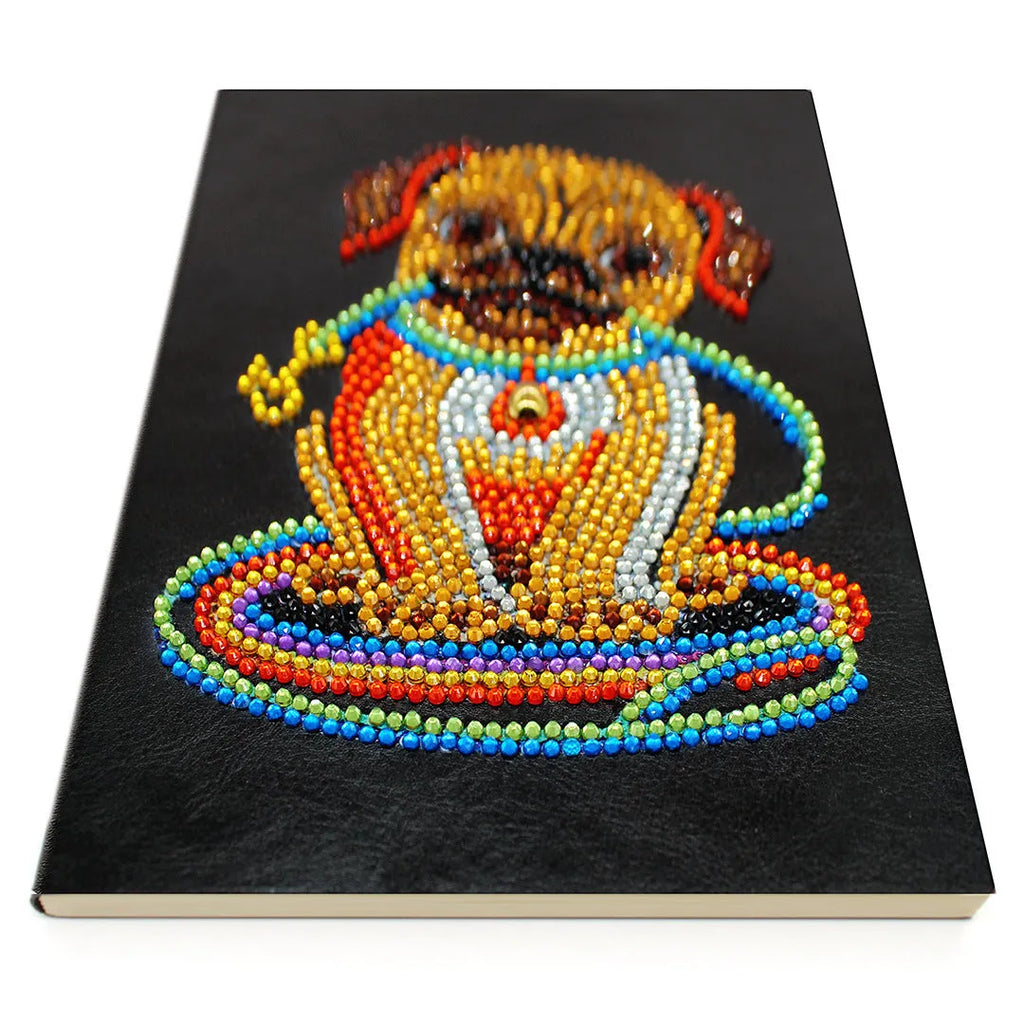 Black A5 DIY diamond painting notebook showing dimensions of 142x207x8mm with 50 blank pages
