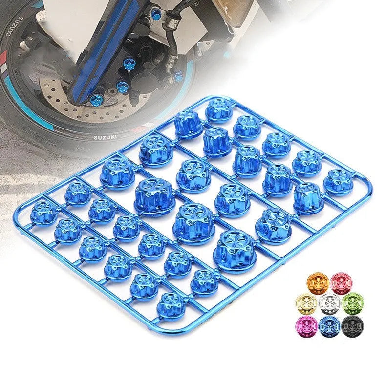 Set of 30 coloured ABS plastic motorcycle screw caps for engine bolt protection.