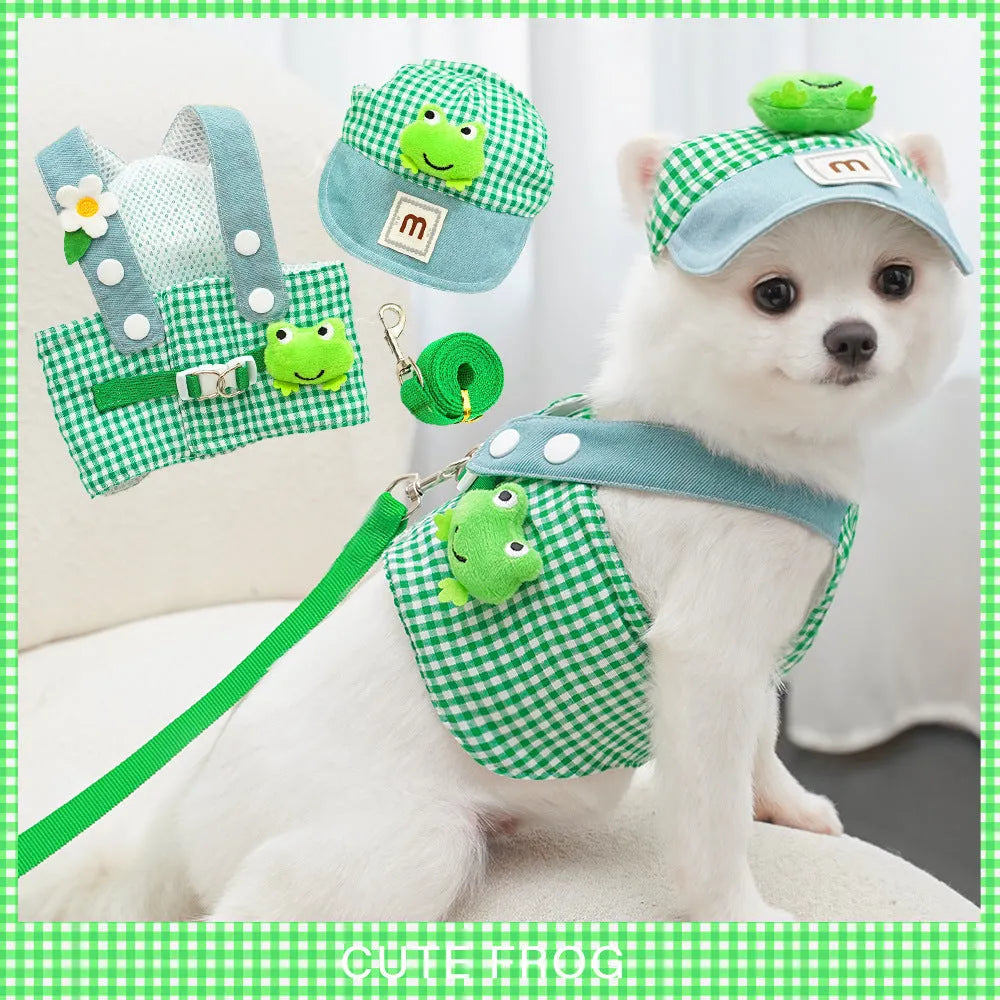 Frog cat harness and lead rope set in cotton, sized XS-XL, with frog green plaid and french fries red plaid options.