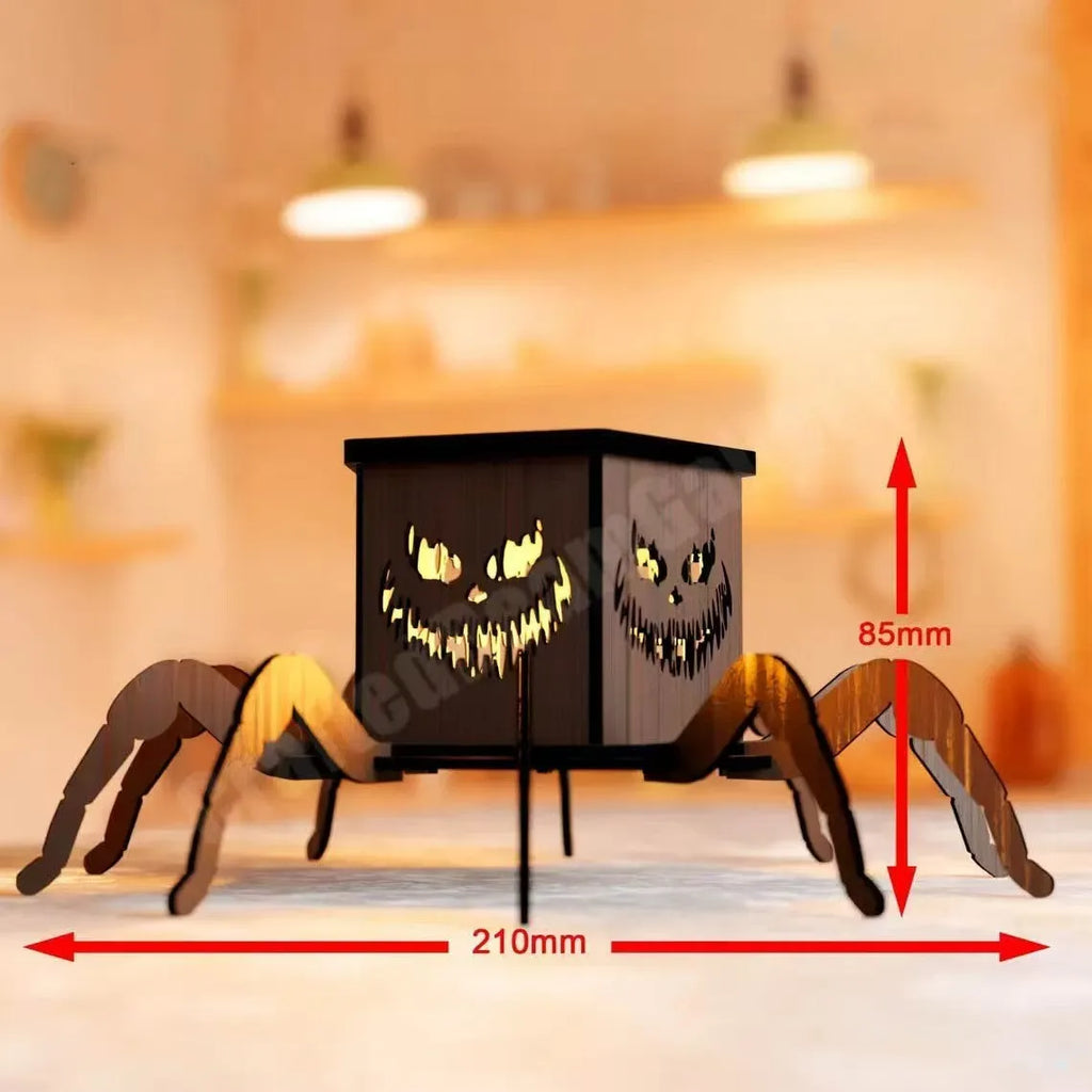 Wooden spider-themed lantern candlestick Halloween decoration measuring 21cm tall