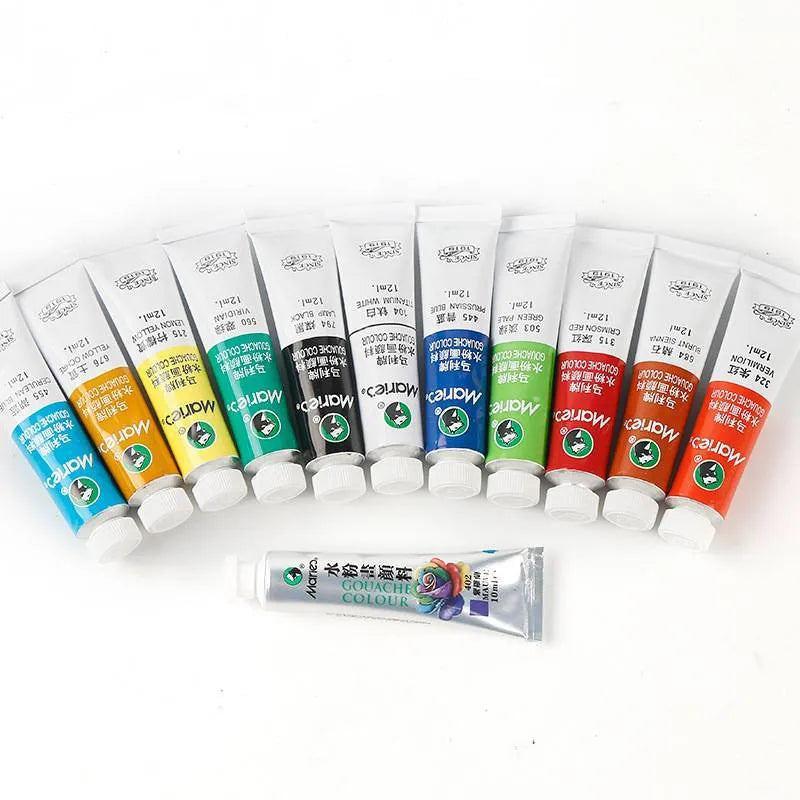 Gouache paint set box showing 12, 18 or 24 colour tubes in 5ml or 12ml sizes