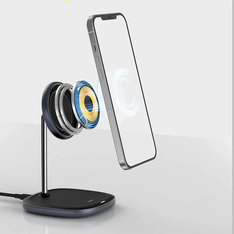 Swan magnetic desktop wireless charging stand for iPhone 12 in black and white colour options.