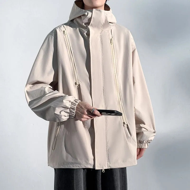 Men's waterproof windproof outdoor sports shell jacket autumn mountaineering solid colour polyester long sleeve side pockets