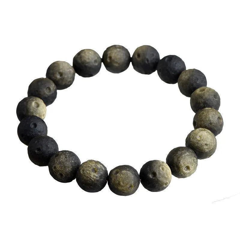 Natural obsidian crater ball bracelet with textured beads in silver meteorite finish