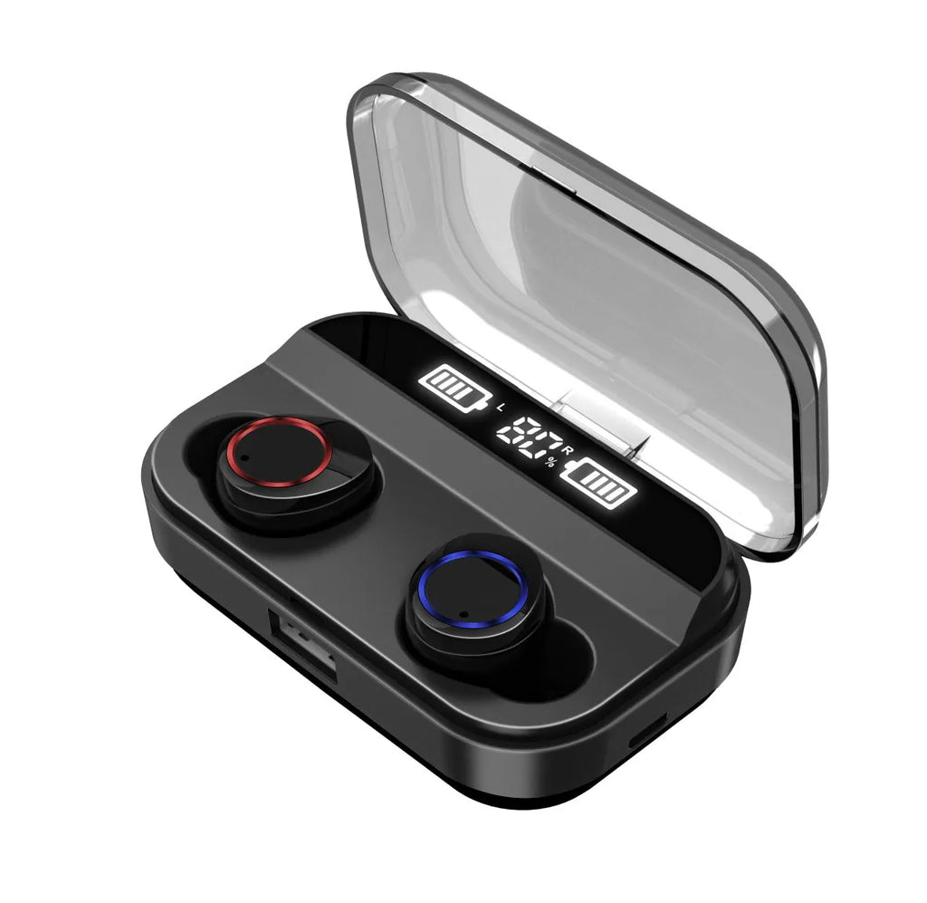 Black X11 wireless Bluetooth earbuds with charging case and six silicone ear tips on a grey background.