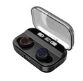 Black X11 wireless Bluetooth earbuds with charging case and six silicone ear tips on a grey background.