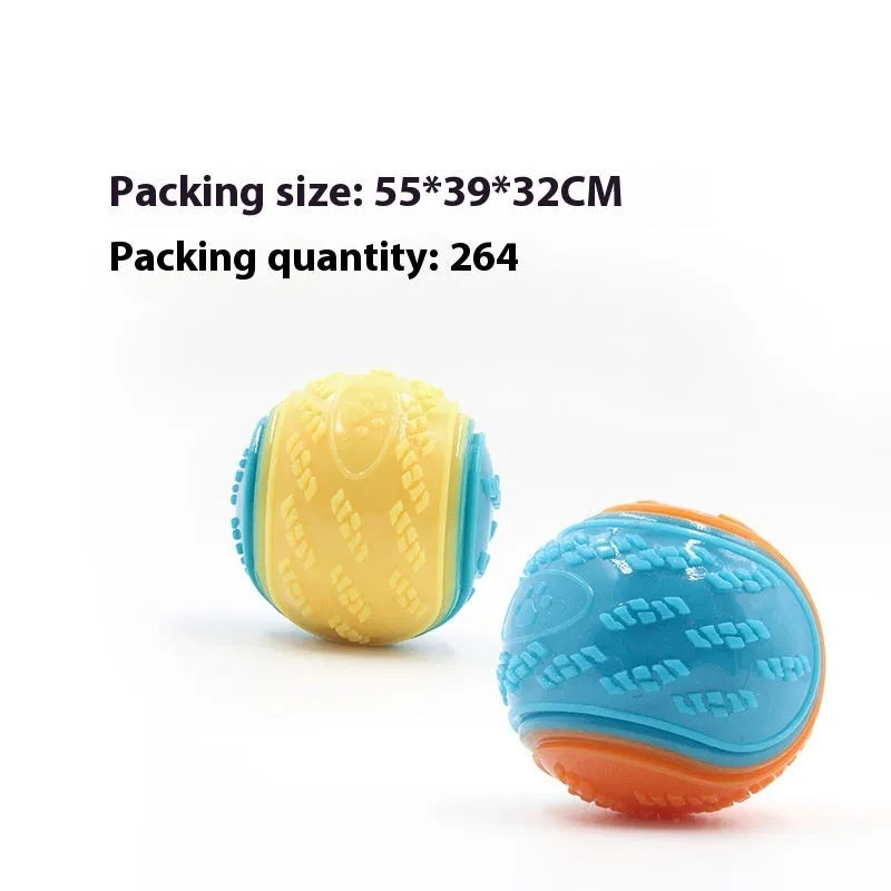 TPR rubber dog training ball in blue and orange colour combination measuring 6.5 cm across