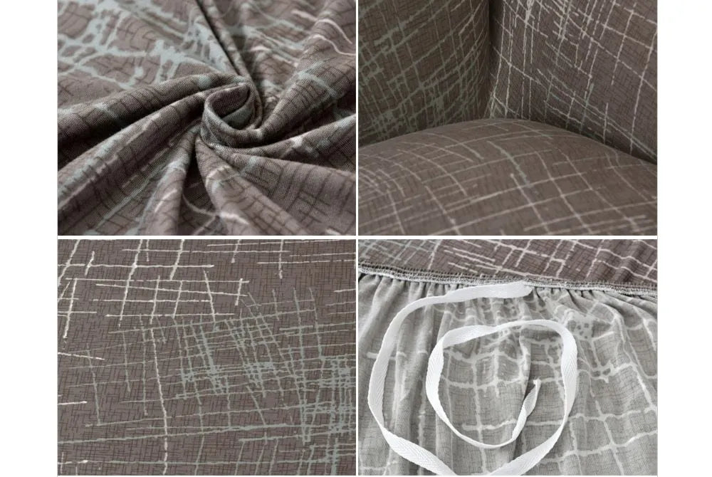 Stretch sofa cover in grey on a four-seater couch showing fitted corners and non-slip grip design
