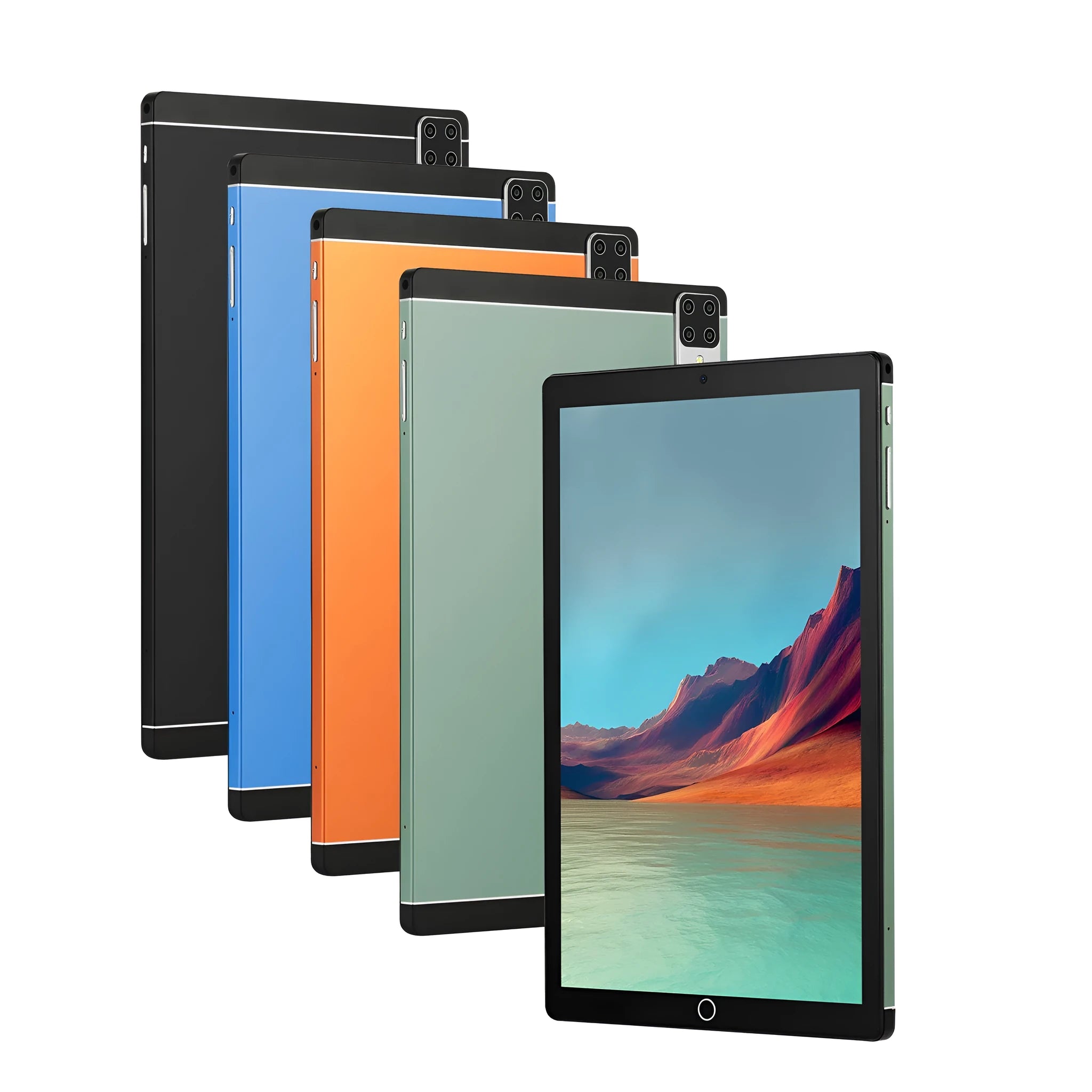 Android tablet PC with 11.6-inch screen showing interface, available in black, blue, green or orange colour options