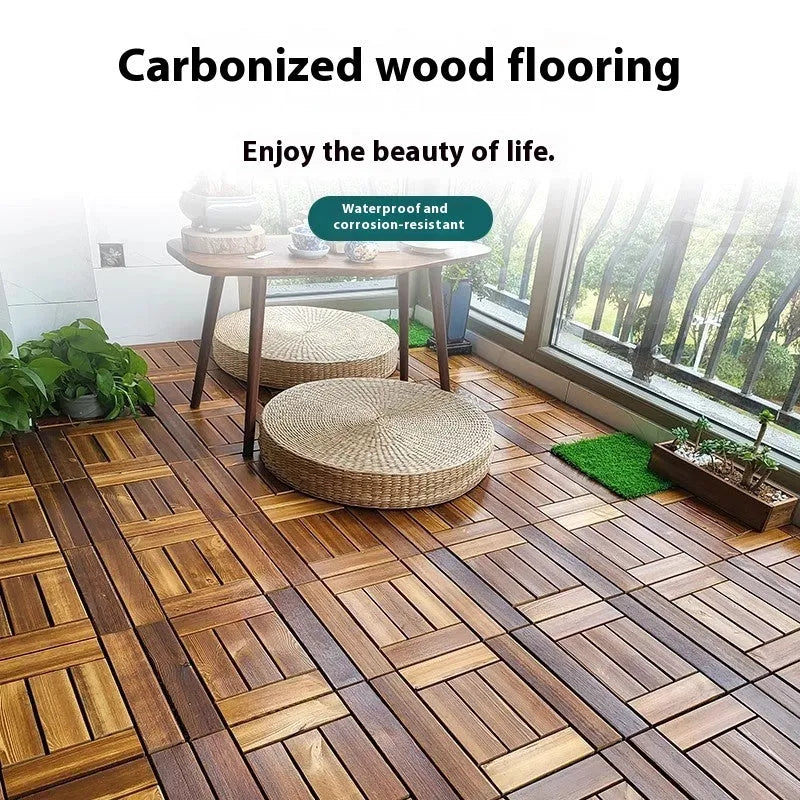 Interlocking camphor pine wooden flooring tile measuring 30x30cm with a brushed surface.