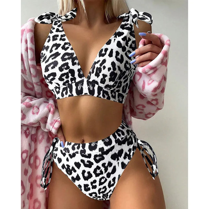 Women's printed lace-up high waist suit in leopard print colour option showing front detail