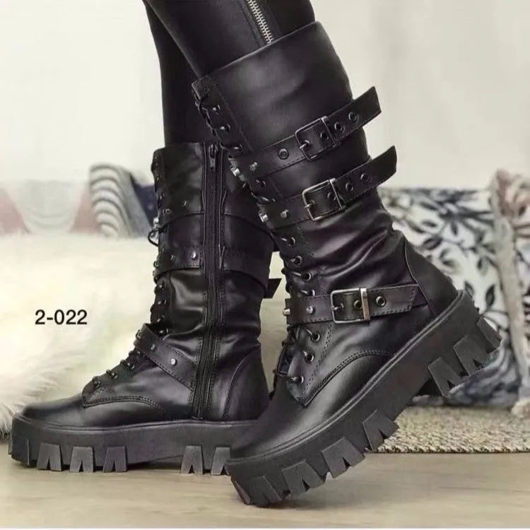 Women's black mid-calf boots with metal buckle decoration and side zipper, rounded toe design