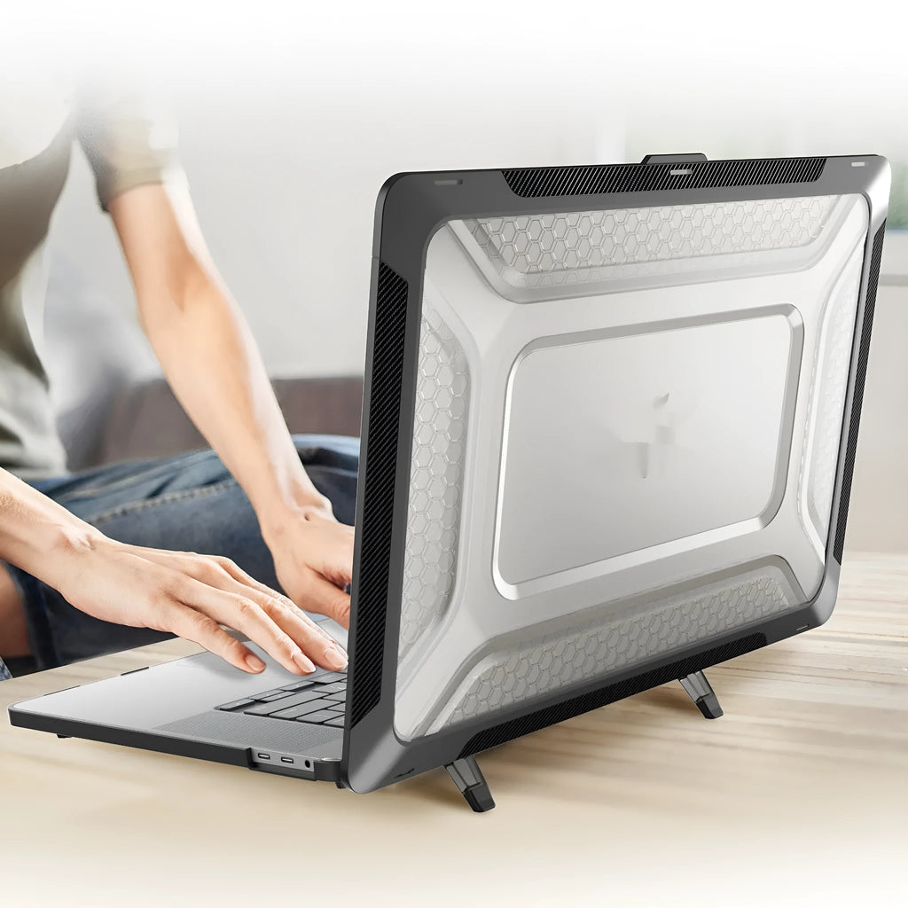 MacBook protective hard shell case in four colours: cool black, starry sky grey, elegant apricot, and sapphire blue