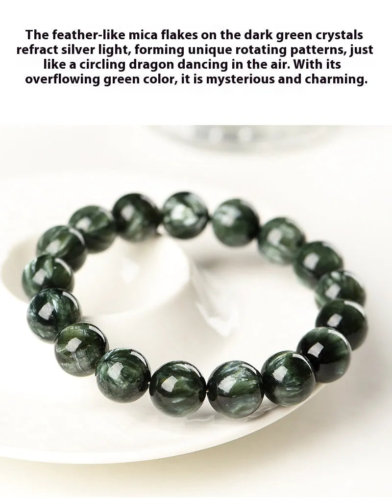Green Dragon Crystal bracelet with 8-9mm round beads and Ruyi symbol