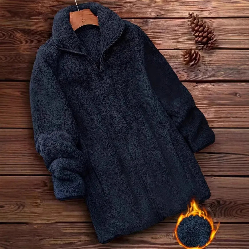 Reversible fleece-lined jacket in black, navy blue, or khaki colours showing double-sided polyester velvet fabric.