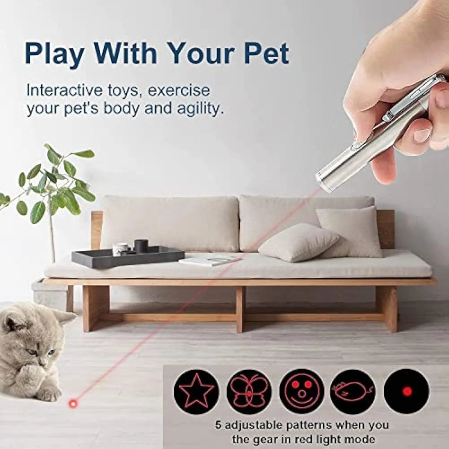 Silver aluminium cat laser pointer toy showing light patterns on a wall.
