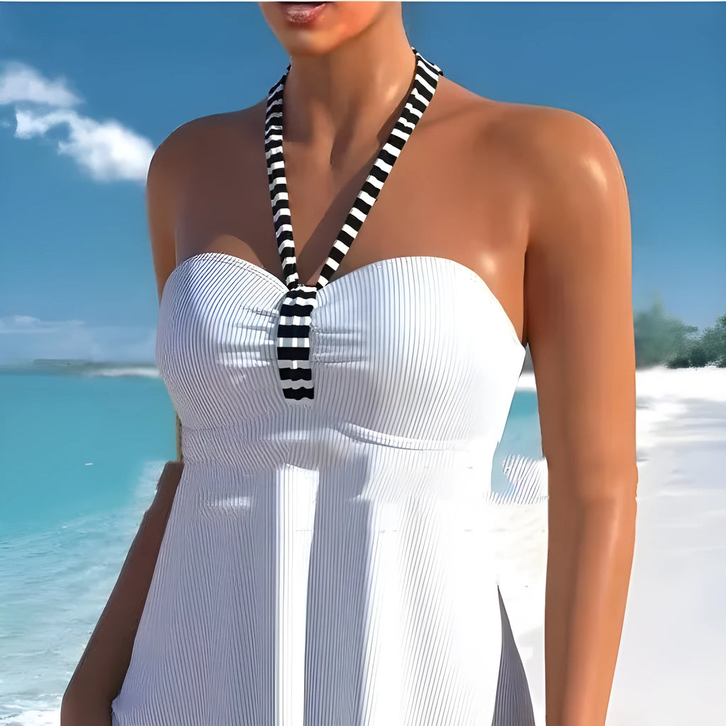 Women's black and white striped off-shoulder swimsuit with briefs style bottom
