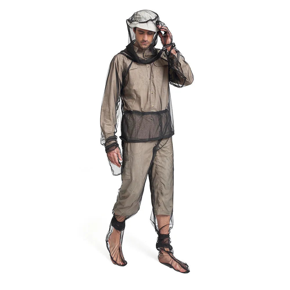 Mosquito-proof clothing four-piece set with hooded top, trousers and booties for outdoor activities