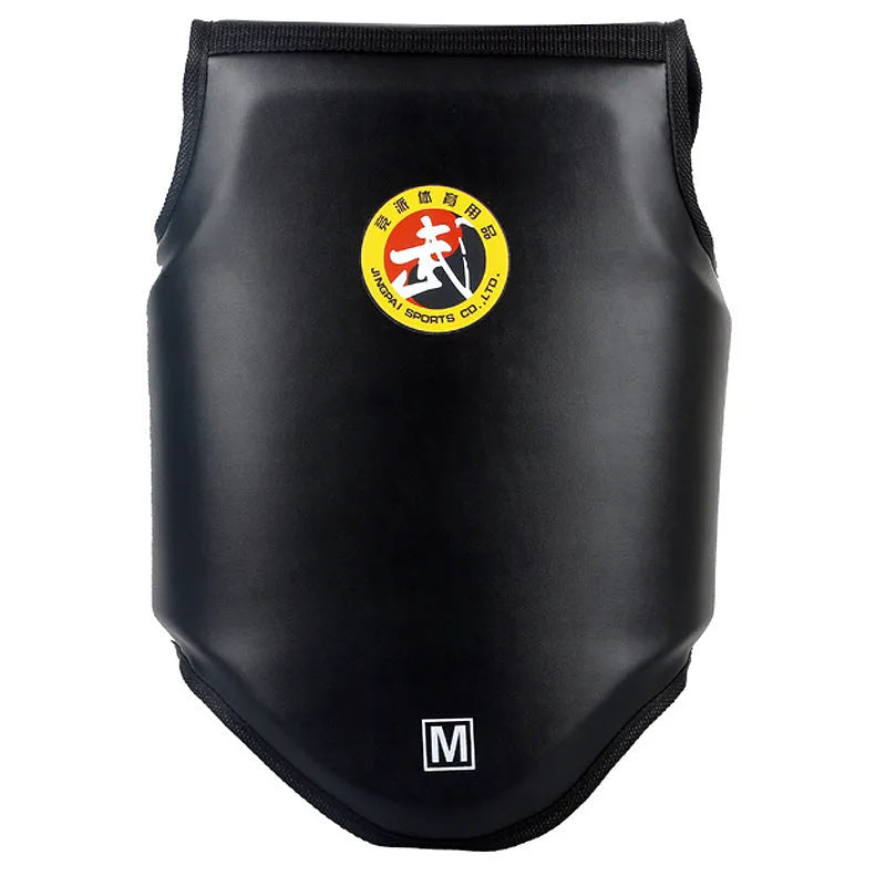 Red boxing helmet and matching one-piece chest protector on a sports background.