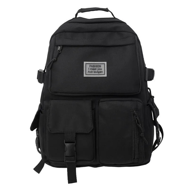 Black student backpack with three-dimensional pockets showing computer compartment