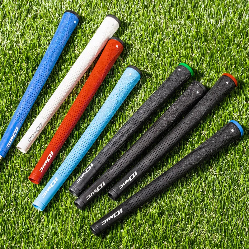 TPE golf club grip replacement in various colours including pink, red, blue, white, and two-tone black with coloured head.