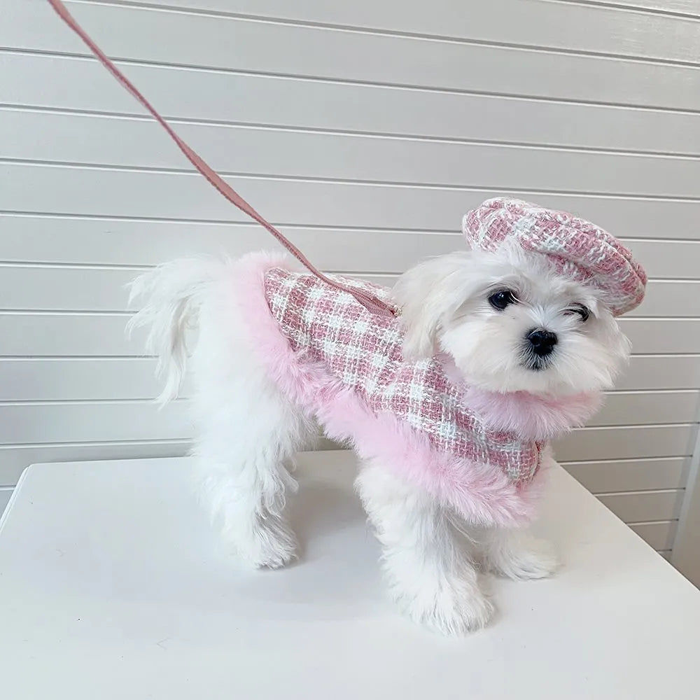 Pink cat cape and beret costume with hand-holding rope accessory in five size options