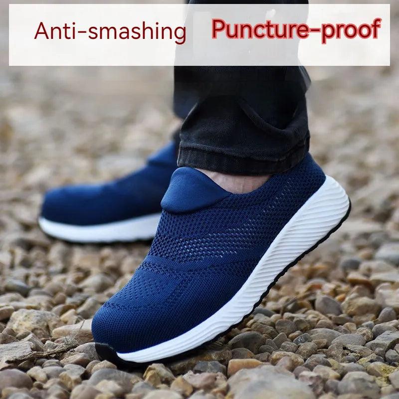 Men's lightweight steel toe work shoes with mesh upper in black, blue, and red colour options