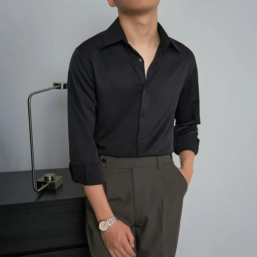 Men's black long sleeve loose fit cardigan shirt in Korean style with Japanese retro design details