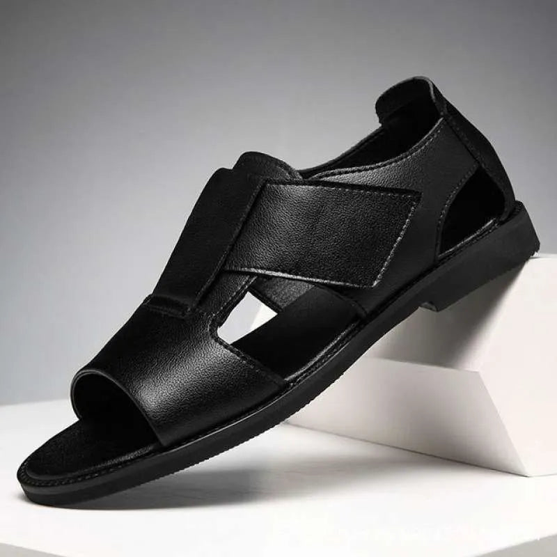 Men's black leather Roman sandals with open-toe design and rubber sole