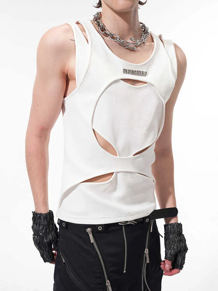 Men's black sleeveless waistcoat with hollow thread texture and round neck collar