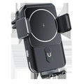 Black car wireless phone charger holder shown with clip and suction cup mounting options.
