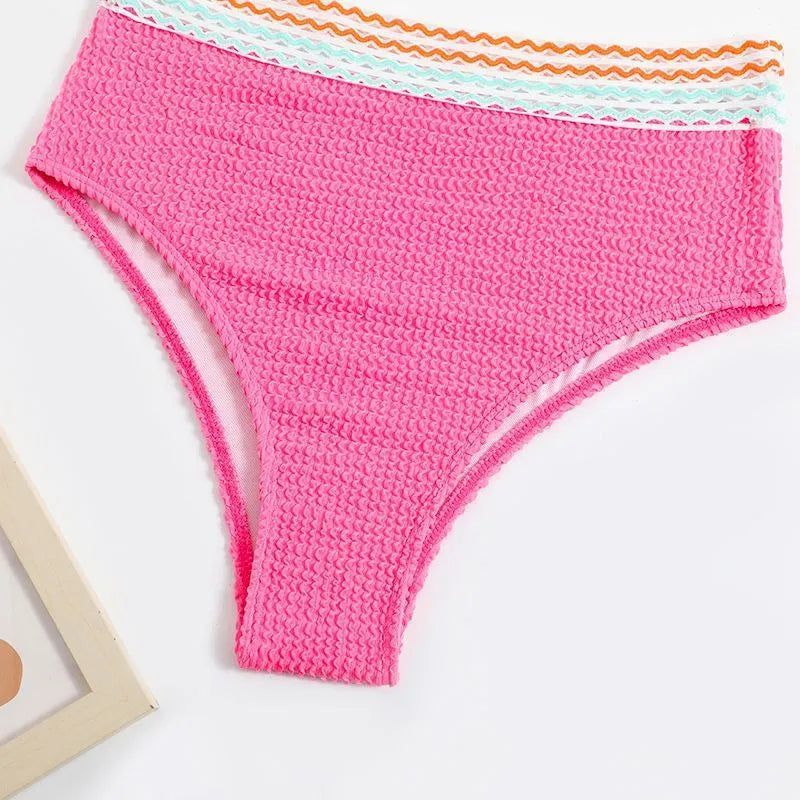 Women's solid colour high-waist split bikini set in white or pink nylon fabric