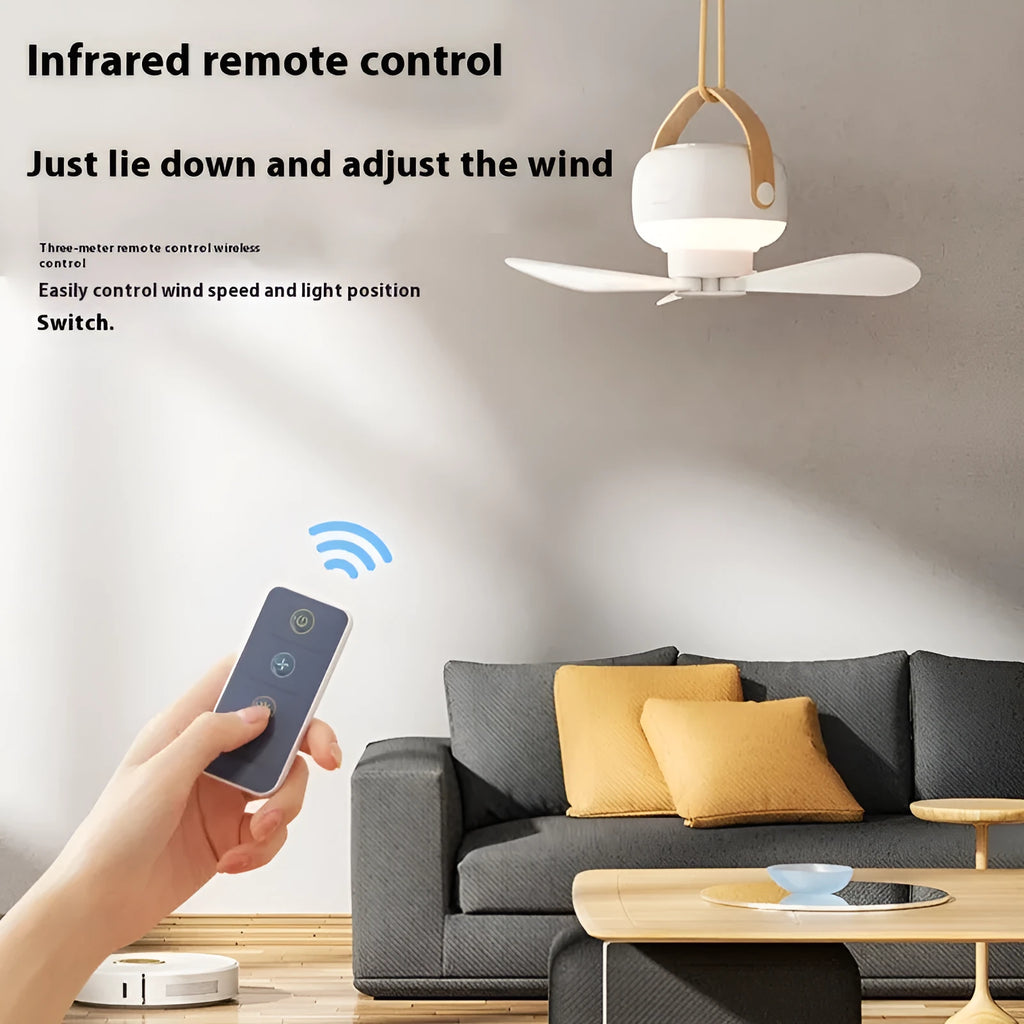 Small white rechargeable ceiling fan with remote control and wire bracket for camping tents