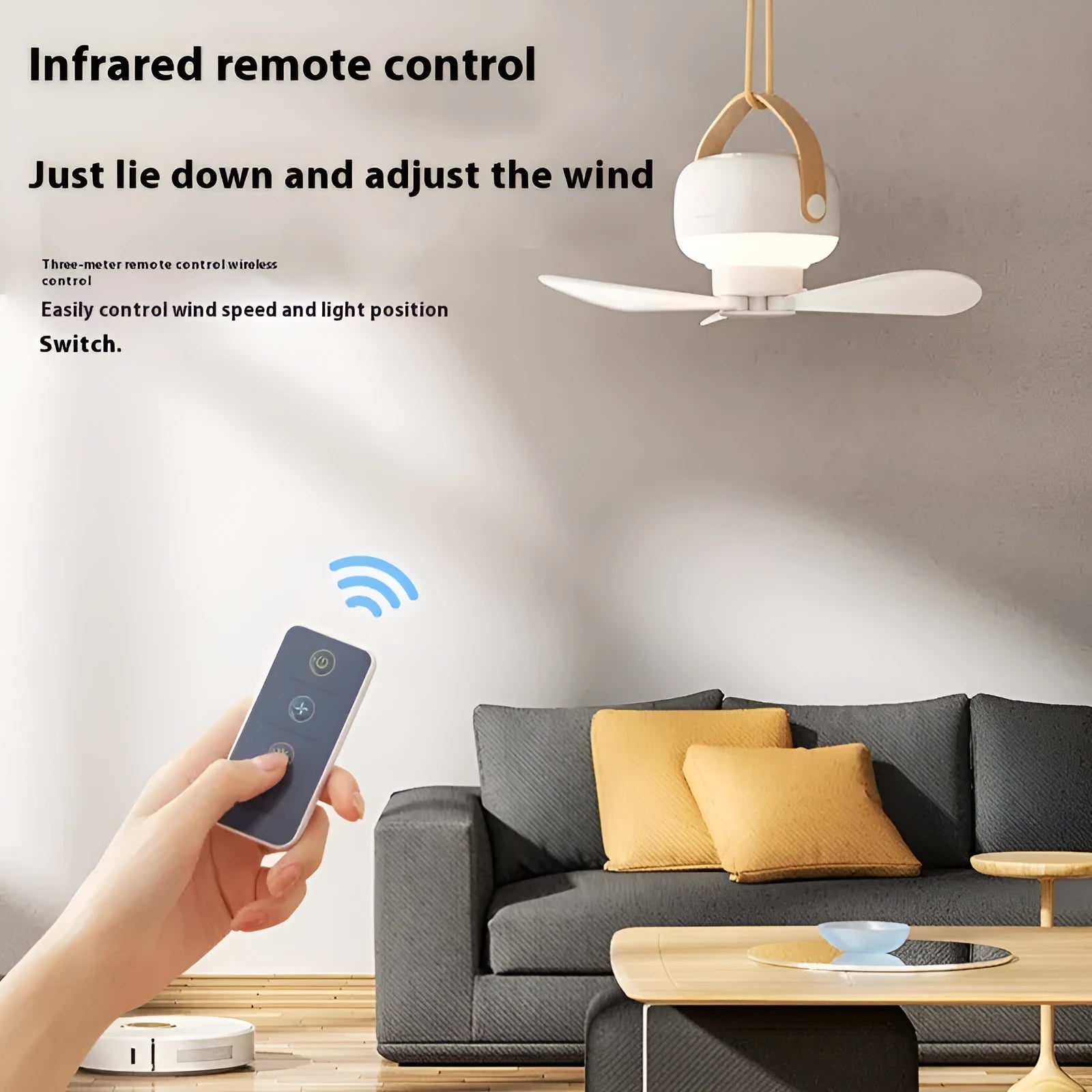 Small white rechargeable ceiling fan with remote control and wire bracket for camping tents