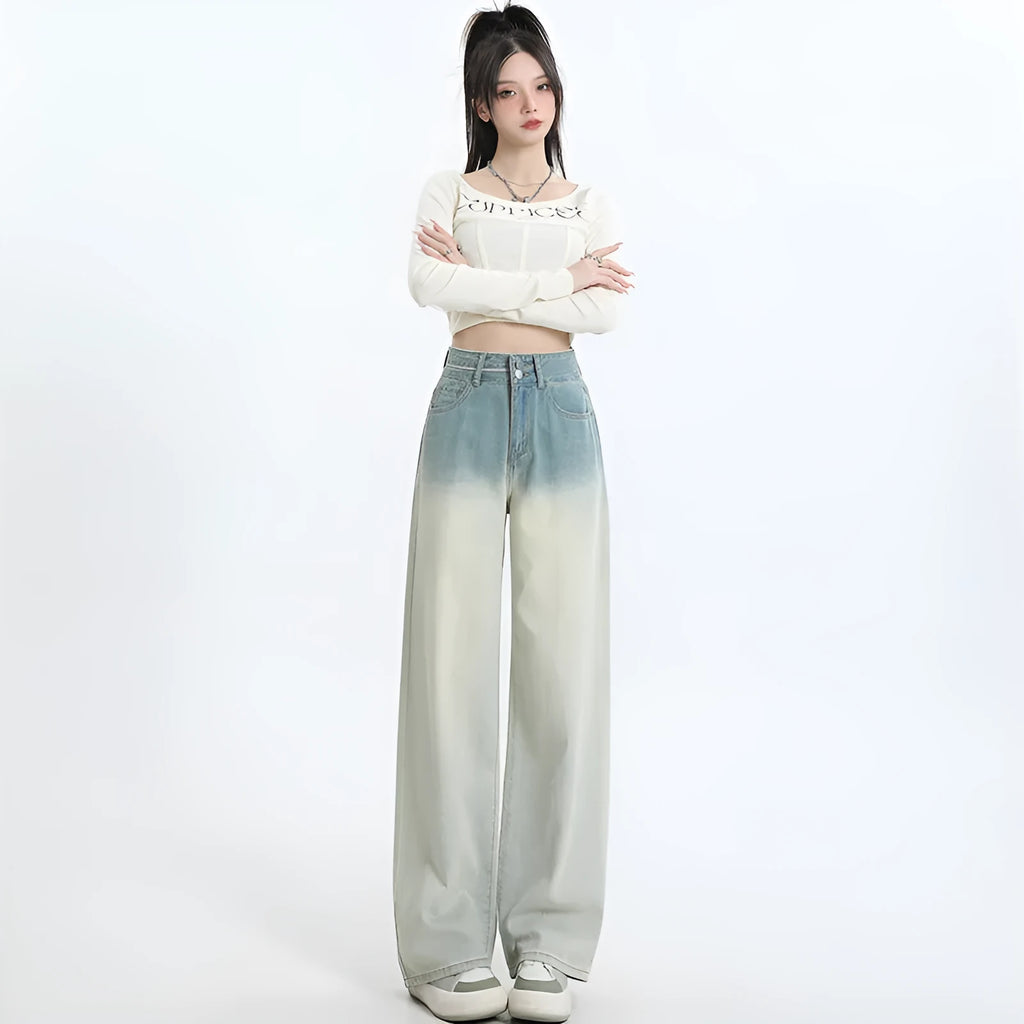 Gradient blue straight-leg wide-leg women's denim trousers laid flat