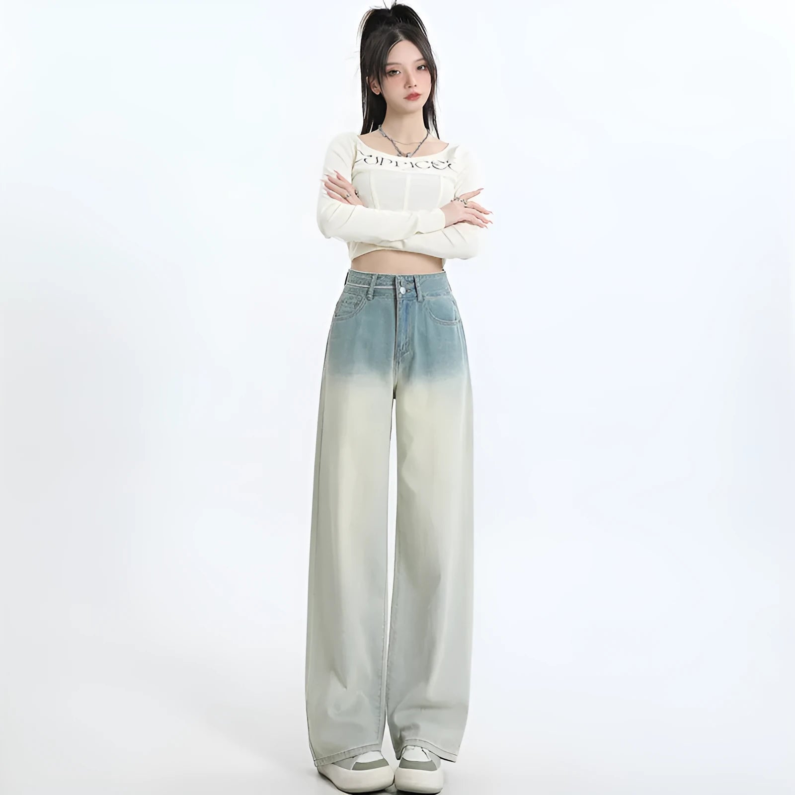 Gradient blue straight-leg wide-leg women's denim trousers laid flat