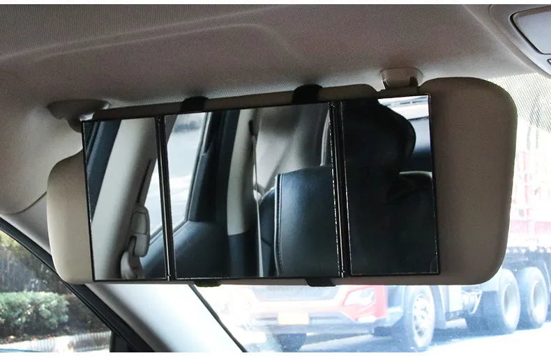 Silver folding car visor makeup mirror shown both open and closed.