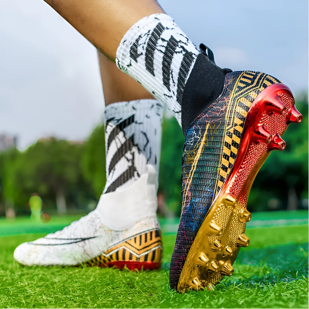 High-top soccer training shoes with gold plated soles and synthetic leather upper in mandarin duck colour
