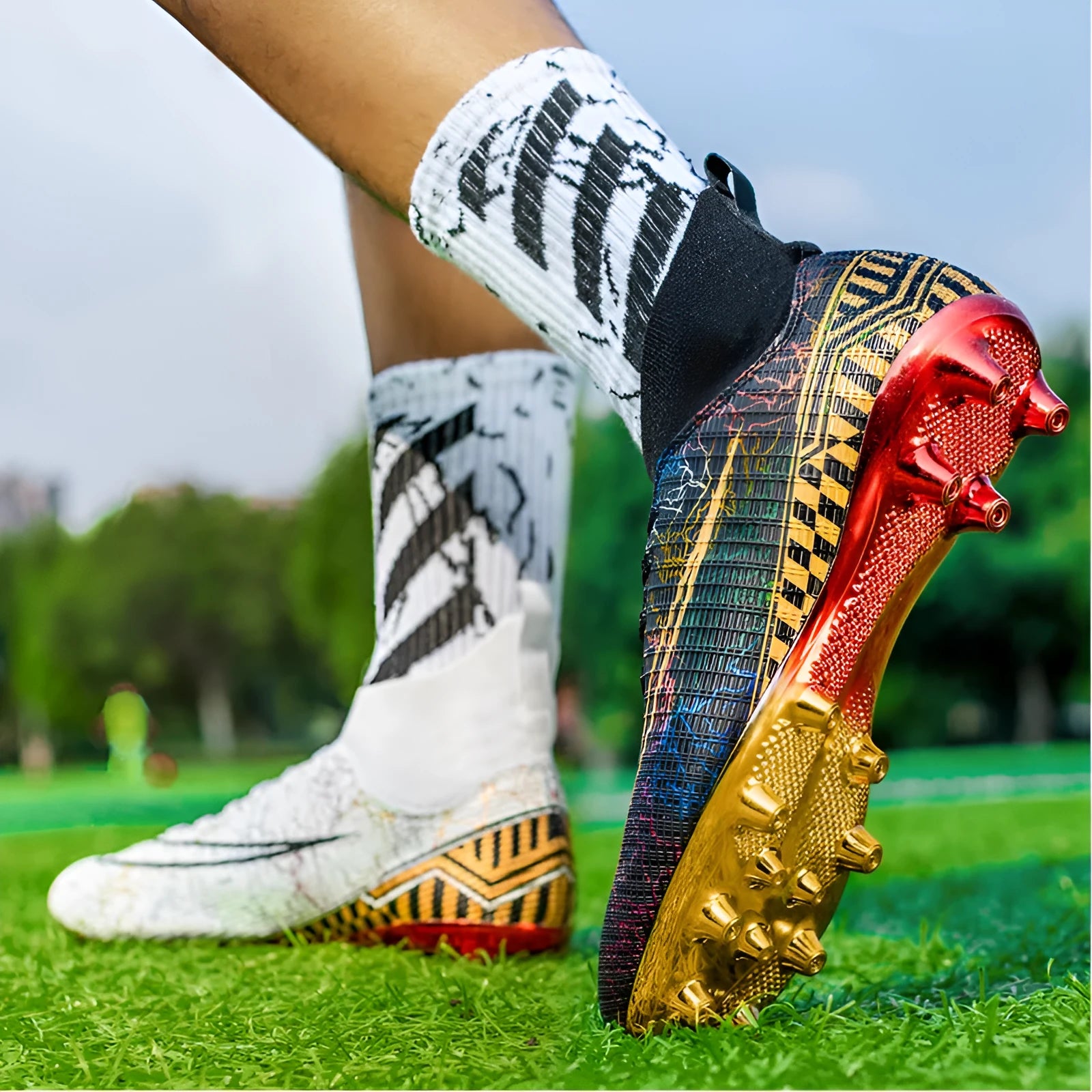 High-top soccer training shoes with gold plated soles and synthetic leather upper in mandarin duck colour