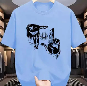Men's grey bird eye mesh T-shirt with a cartoon digital print, showing round neck and short sleeves.