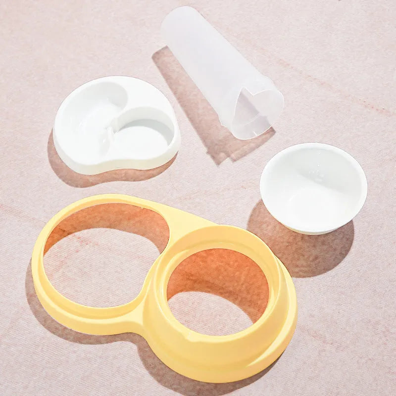 Grey and yellow pet dual bowl feeder with neck protection and anti-slip base