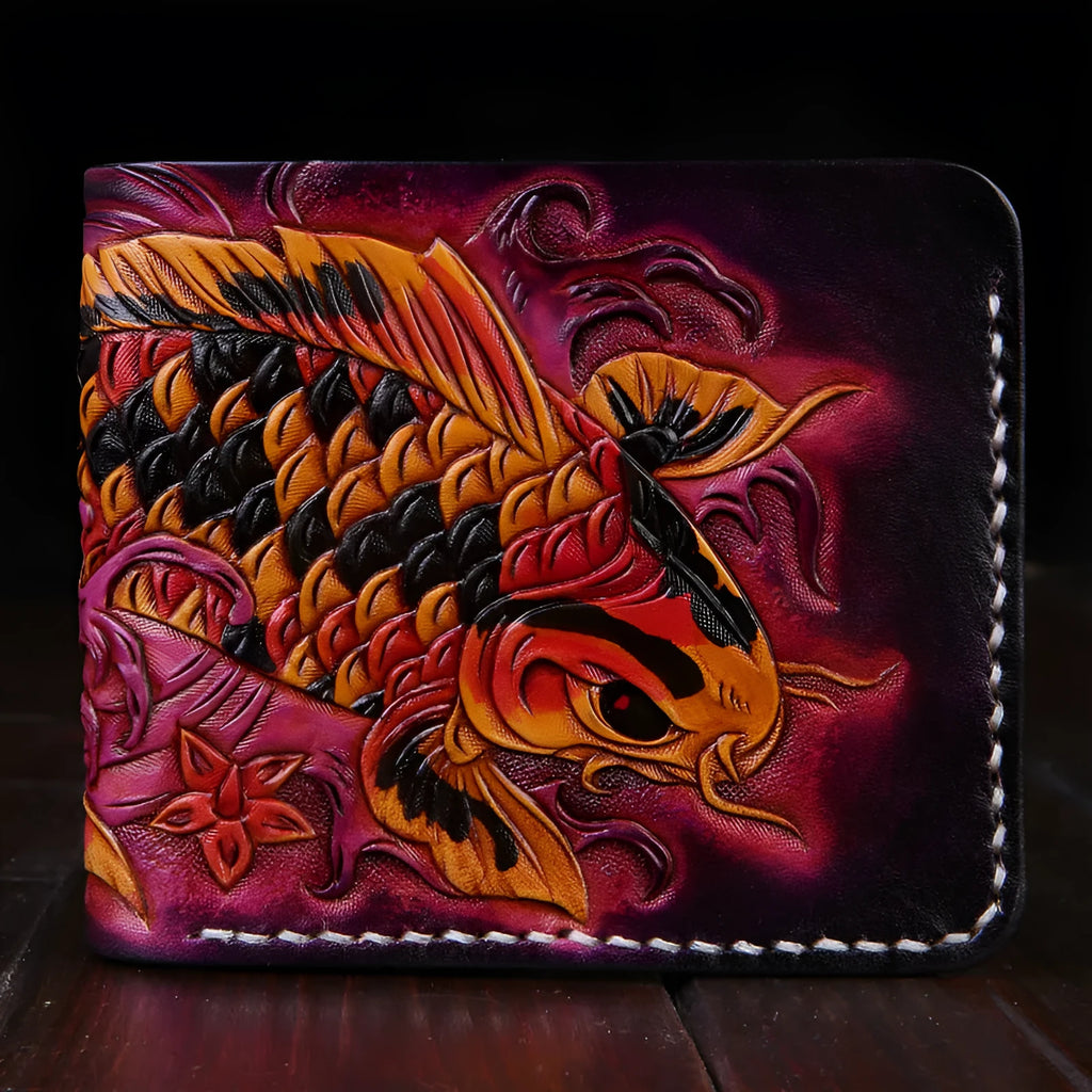 Men's cow leather short wallet showing red, blue, and gold colour options with open closure