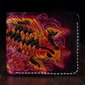 Men's cow leather short wallet showing red, blue, and gold colour options with open closure