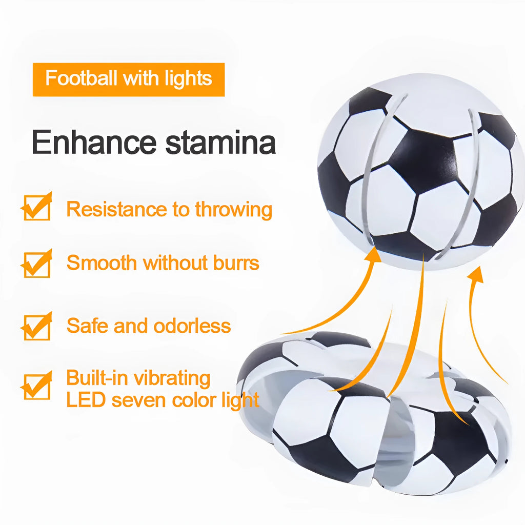 Glowing plastic dog toy showing ball and flying disc modes in orange colour