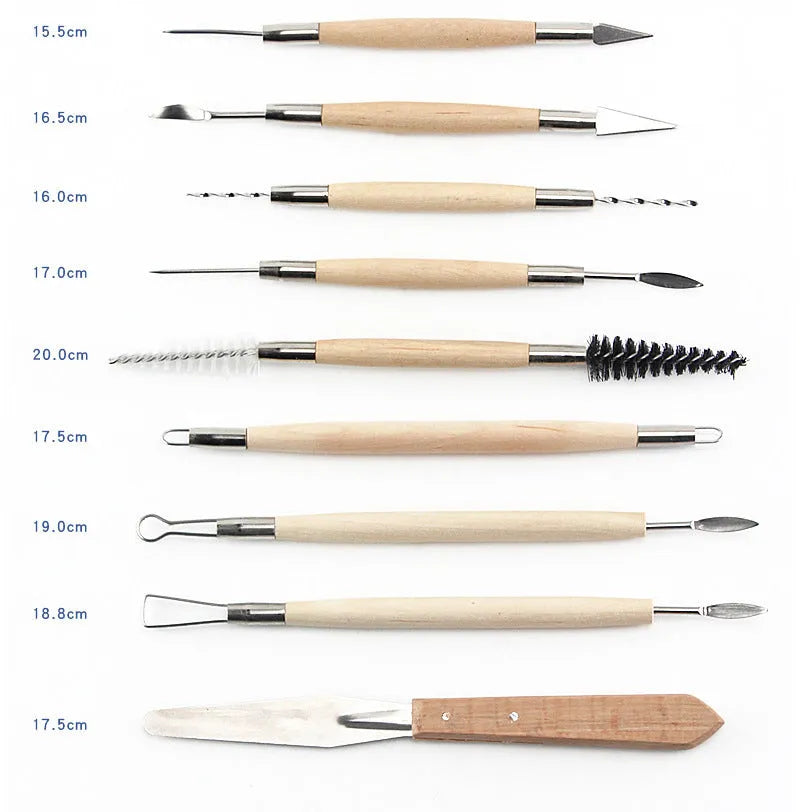 27-piece brown pottery clay tool set with stainless steel tools in a storage roll
