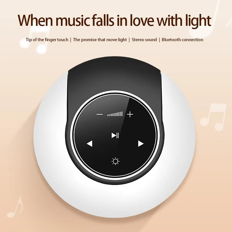 Folding Bluetooth speaker desk lamp with touch controls showing white, yellow, and blue LED lighting options