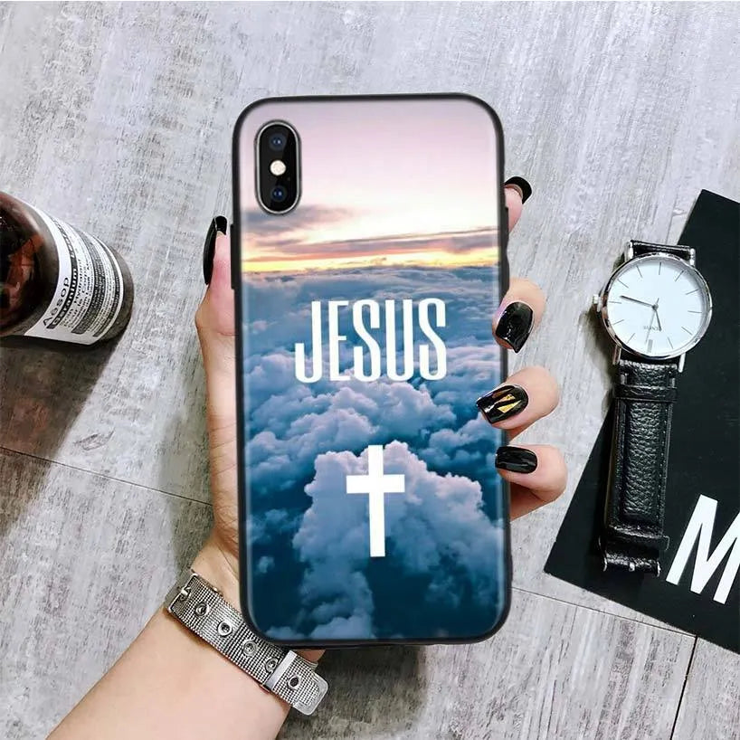 Black silicone Jesus Cross mobile phone case for Apple iPhone with textured grip